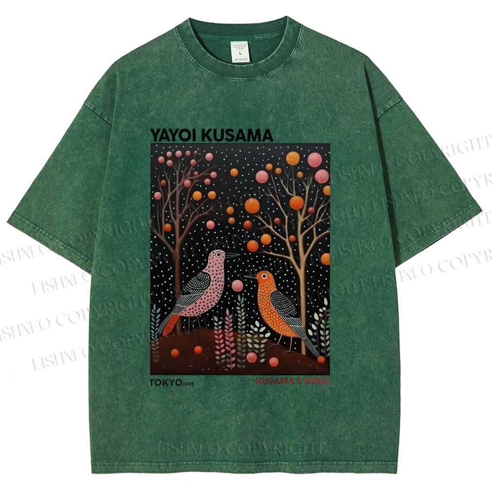 Unisex Yayoi Kusama Vintage Polka Dot Bird Printed Washed Tee