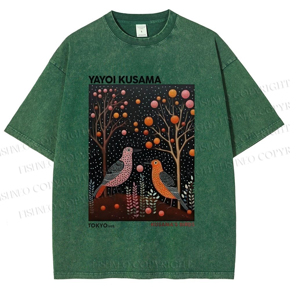 Unisex Yayoi Kusama Vintage Polka Dot Bird Printed Washed Tee