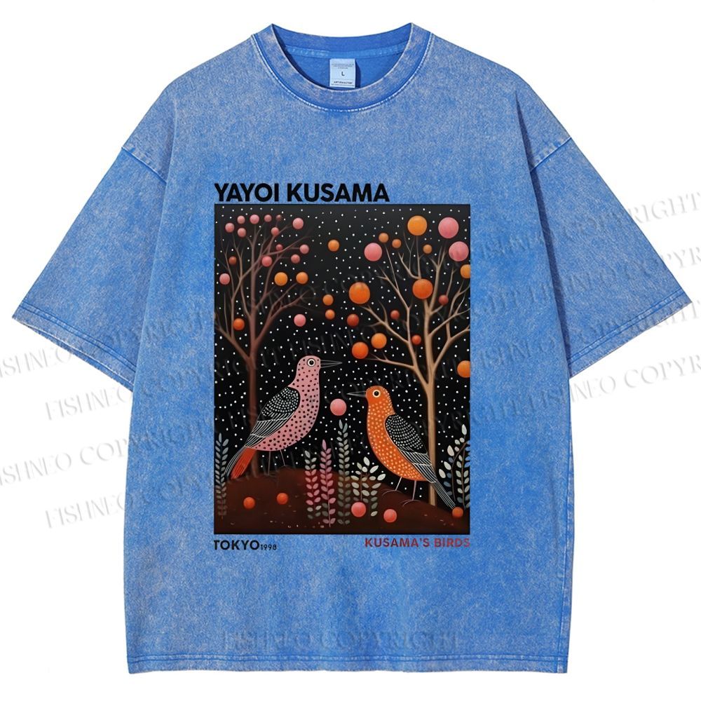 Unisex Yayoi Kusama Vintage Polka Dot Bird Printed Washed Tee
