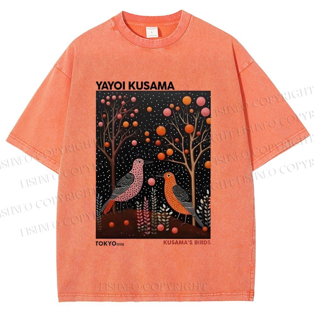 Unisex Yayoi Kusama Vintage Polka Dot Bird Printed Washed Tee
