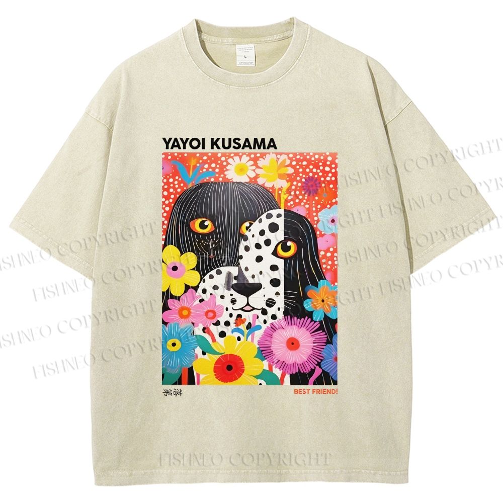 Unisex Yayoi Kusama Polka Dot Dog Printed Washed Tee
