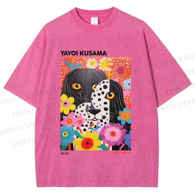 Unisex Yayoi Kusama Polka Dot Dog Printed Washed Tee