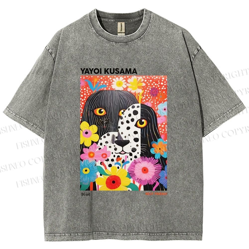 Unisex Yayoi Kusama Polka Dot Dog Printed Washed Tee