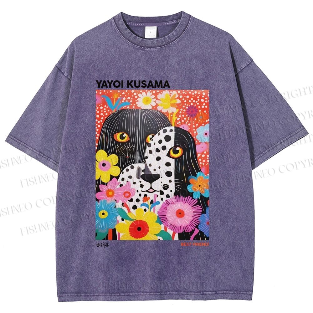 Unisex Yayoi Kusama Polka Dot Dog Printed Washed Tee