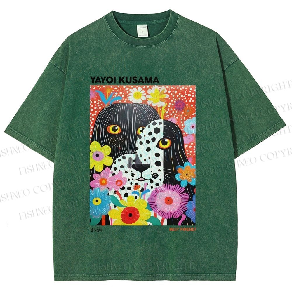 Unisex Yayoi Kusama Polka Dot Dog Printed Washed Tee