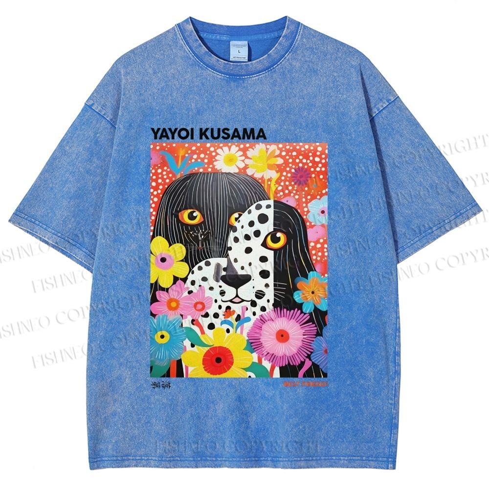 Unisex Yayoi Kusama Polka Dot Dog Printed Washed Tee