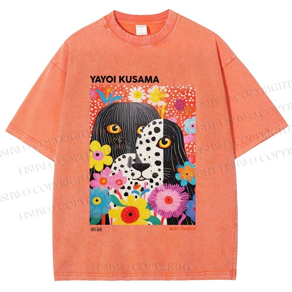 Unisex Yayoi Kusama Polka Dot Dog Printed Washed Tee