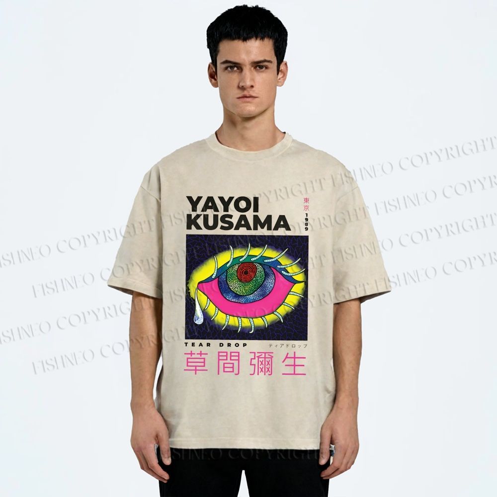 Unisex Yayoi Kusama Artistic Colored Eyes Printed Washed Tee