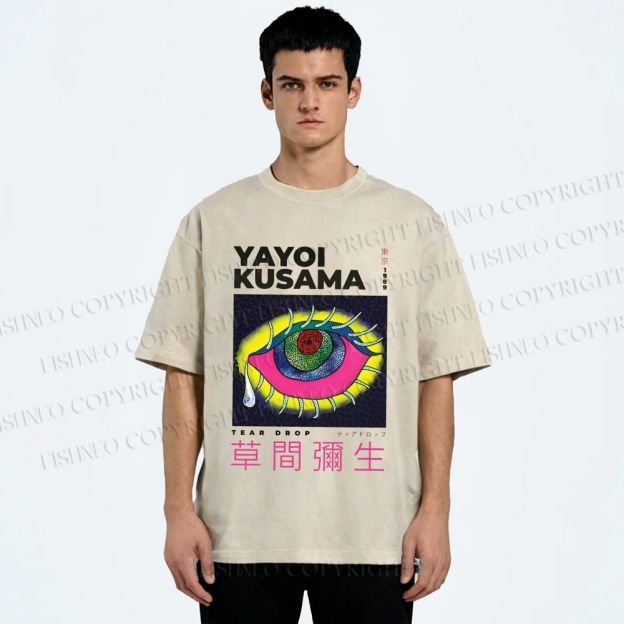 Unisex Yayoi Kusama Artistic Colored Eyes Printed Washed Tee