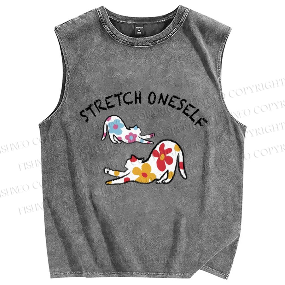 Unisex Stretch Oneself Flower Cat Printed Washed Tank Top