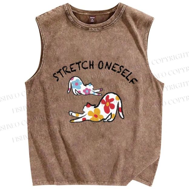 Unisex Stretch Oneself Flower Cat Printed Washed Tank Top