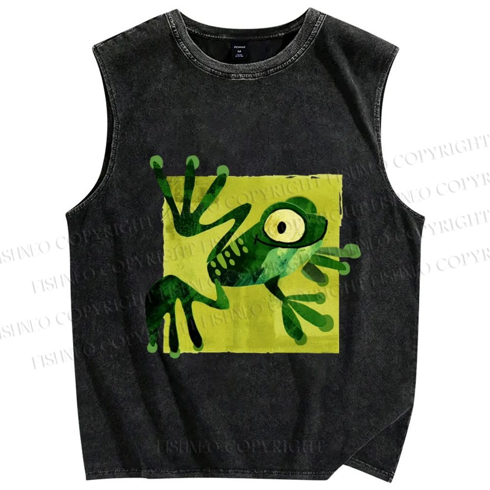 Unisex Silly Frog Printed Washed Tank Top