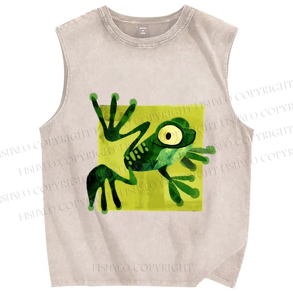 Unisex Silly Frog Printed Washed Tank Top