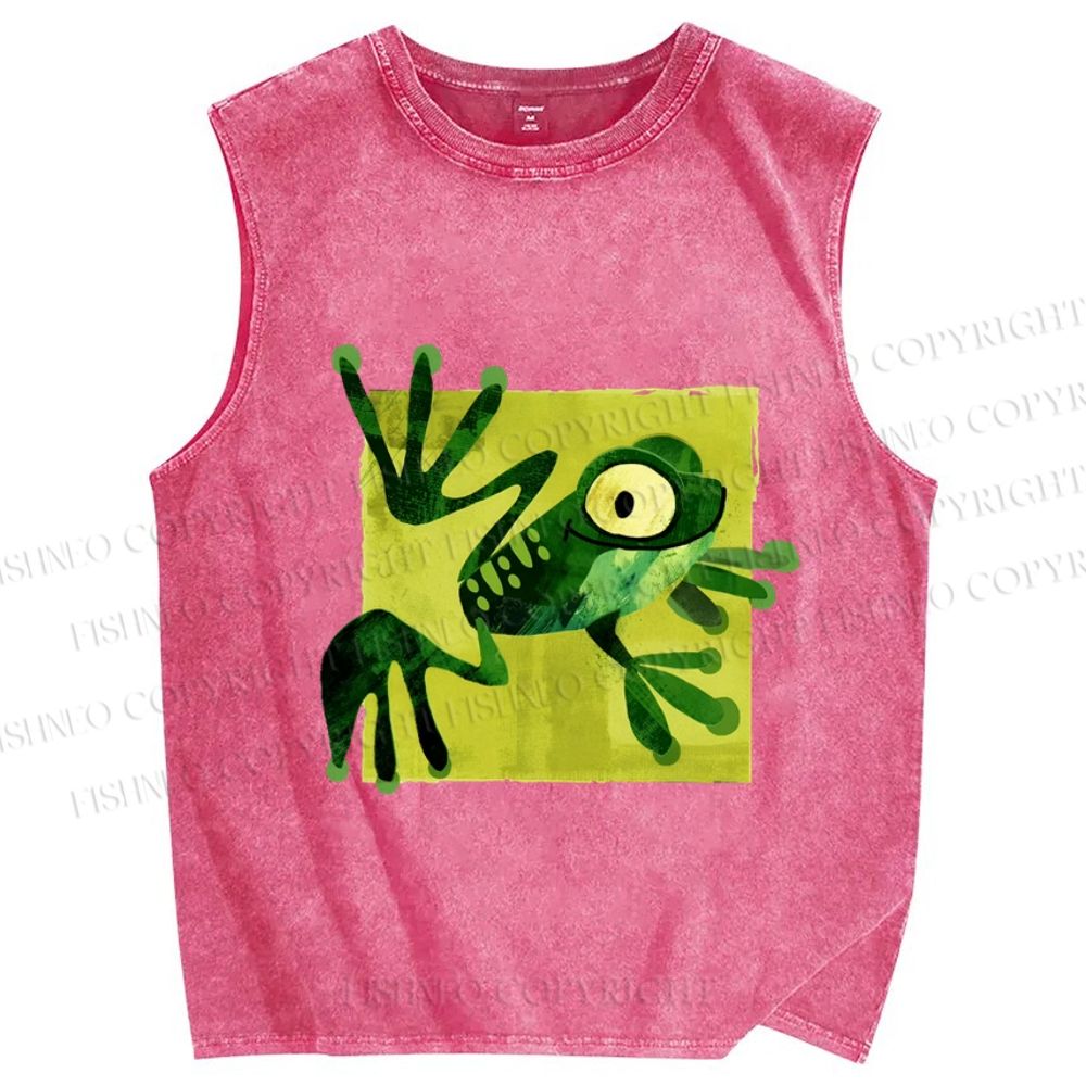Unisex Silly Frog Printed Washed Tank Top