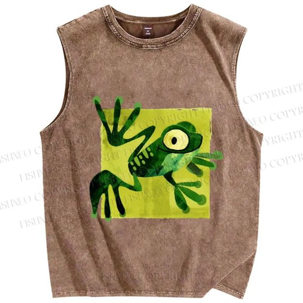 Unisex Silly Frog Printed Washed Tank Top