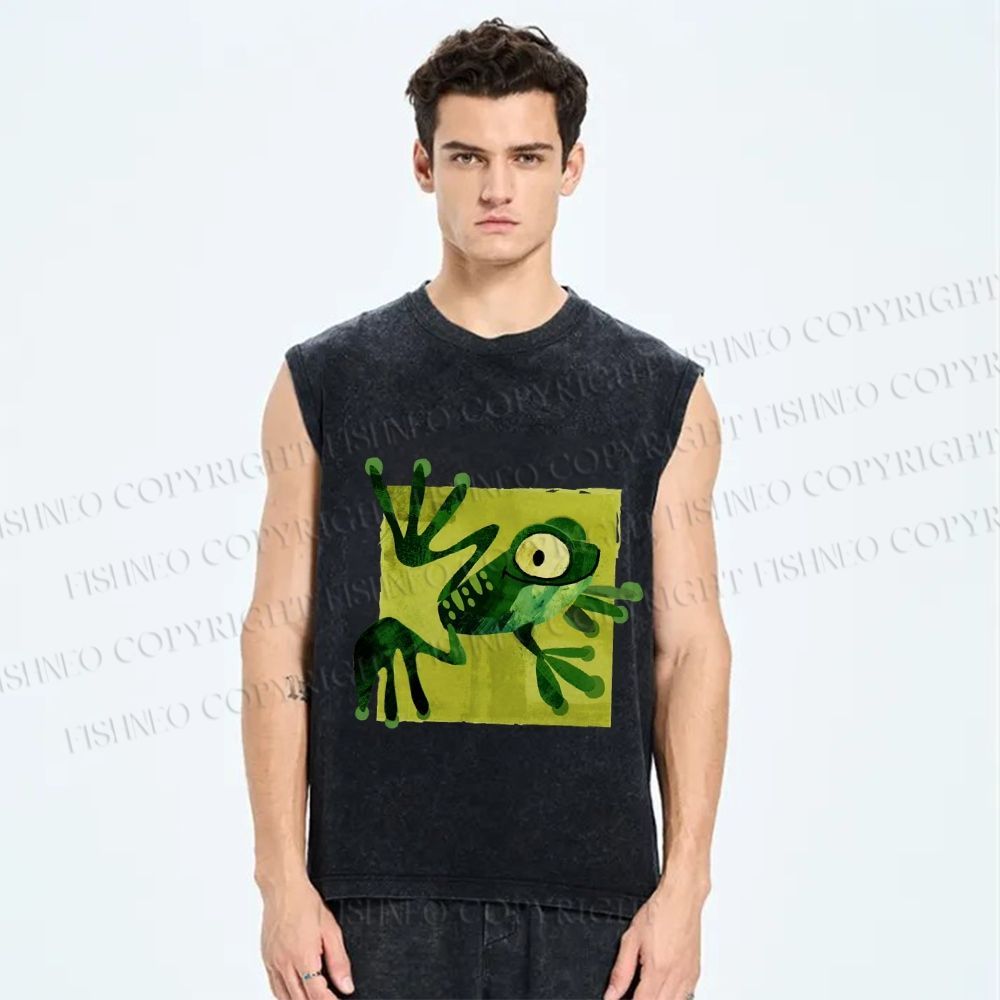Unisex Silly Frog Printed Washed Tank Top