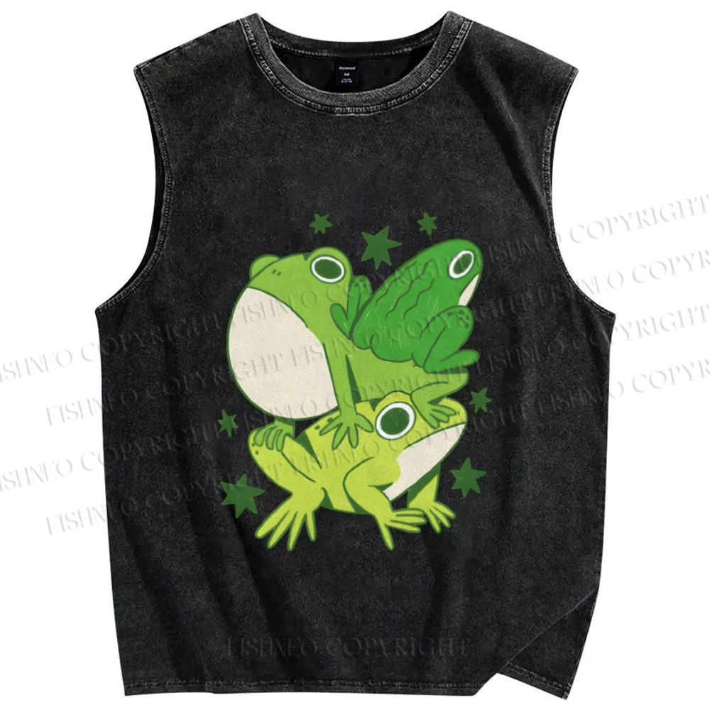Unisex Frogs Jenga Printed Washed Tank Top