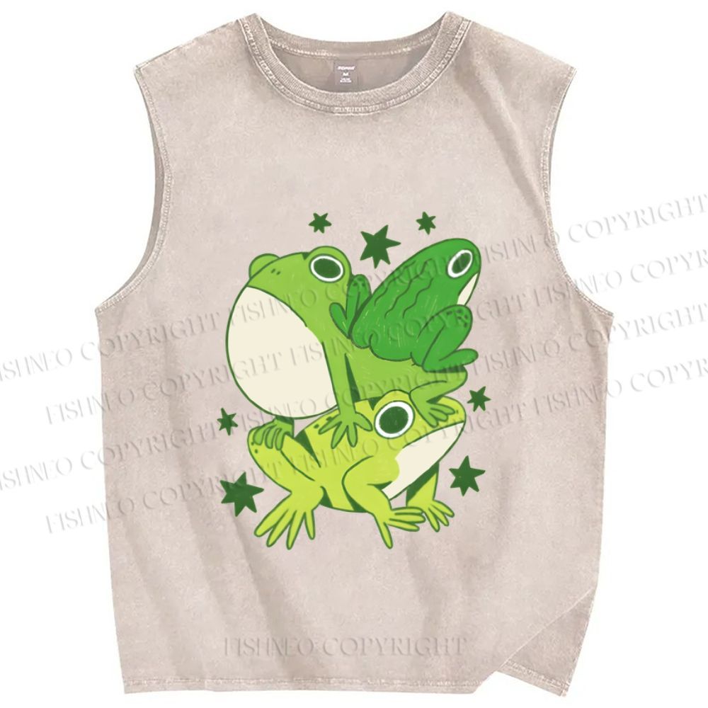 Unisex Frogs Jenga Printed Washed Tank Top