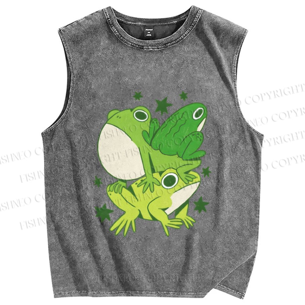 Unisex Frogs Jenga Printed Washed Tank Top