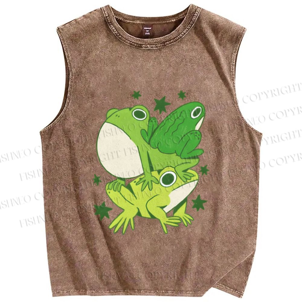 Unisex Frogs Jenga Printed Washed Tank Top
