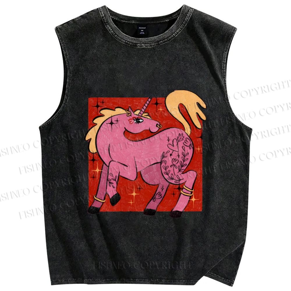 Unisex Pink Unicorn Printed Washed Tank Top