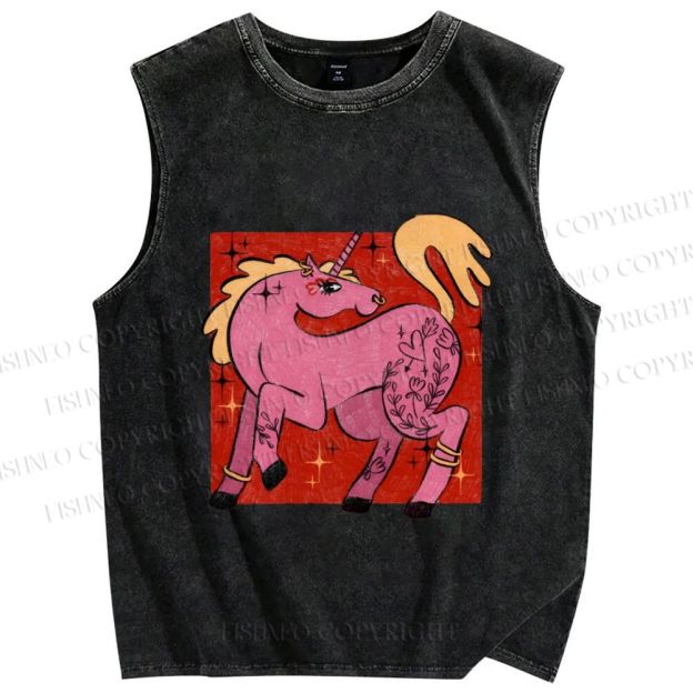 Unisex Pink Unicorn Printed Washed Tank Top