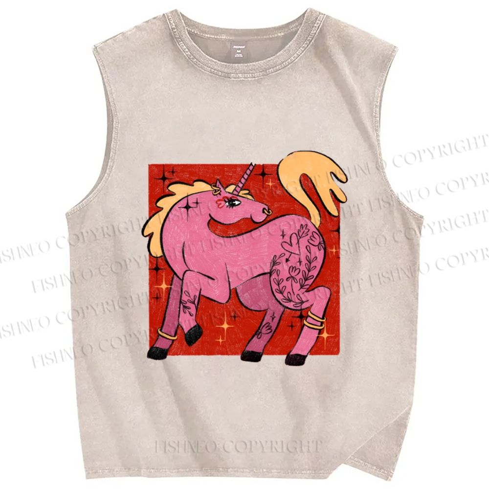 Unisex Pink Unicorn Printed Washed Tank Top