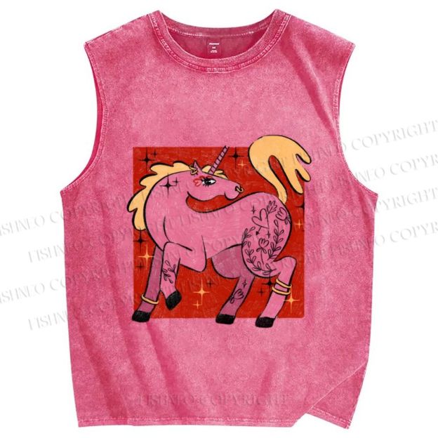 Unisex Pink Unicorn Printed Washed Tank Top