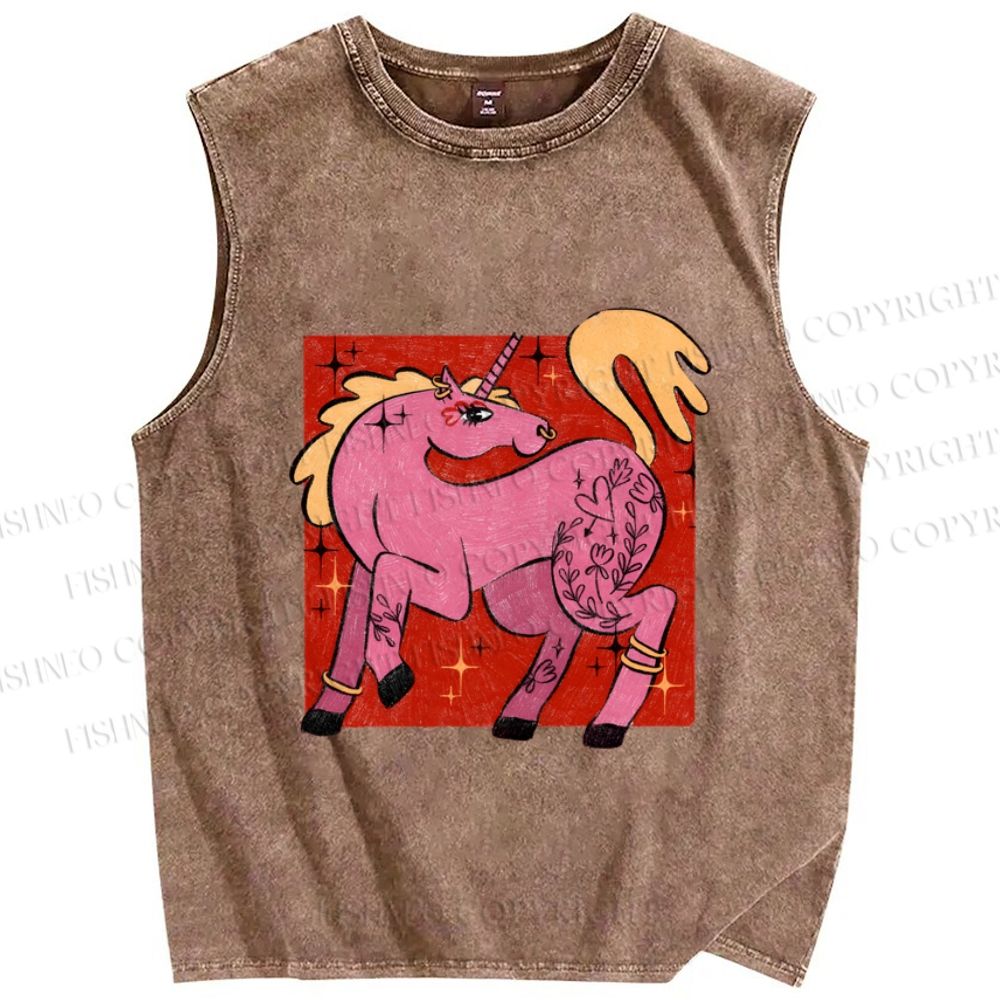 Unisex Pink Unicorn Printed Washed Tank Top
