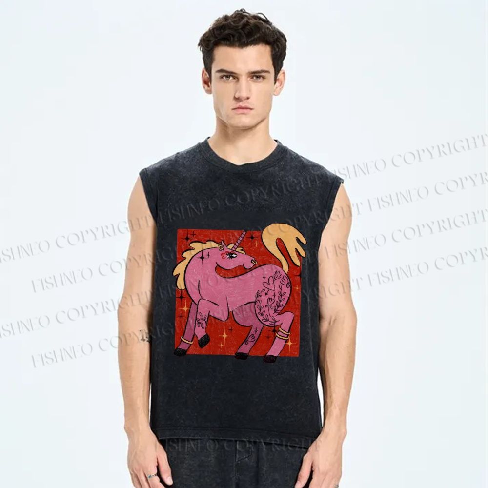 Unisex Pink Unicorn Printed Washed Tank Top