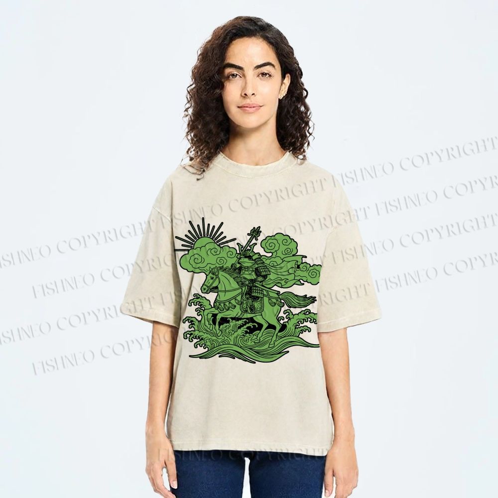 Unisex Japanese Ukiyo-e Frog Printed Washed Tee
