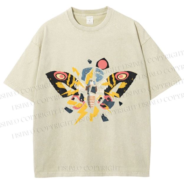 Unisex Fragmented Retro Mothra Printed Washed Tee