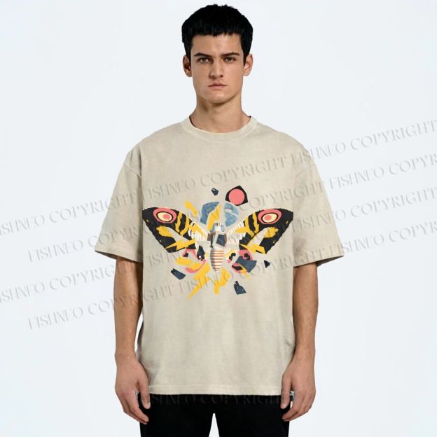 Unisex Fragmented Retro Mothra Printed Washed Tee