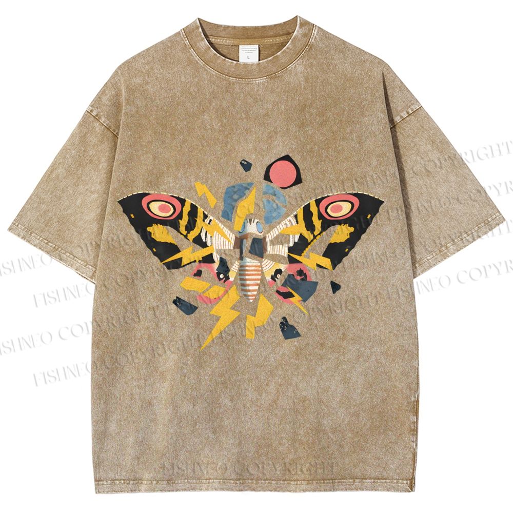 Unisex Fragmented Retro Mothra Printed Washed Tee
