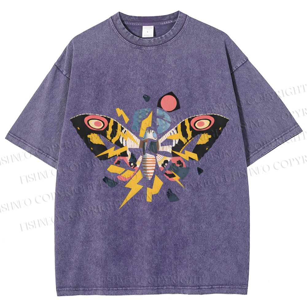 Unisex Fragmented Retro Mothra Printed Washed Tee