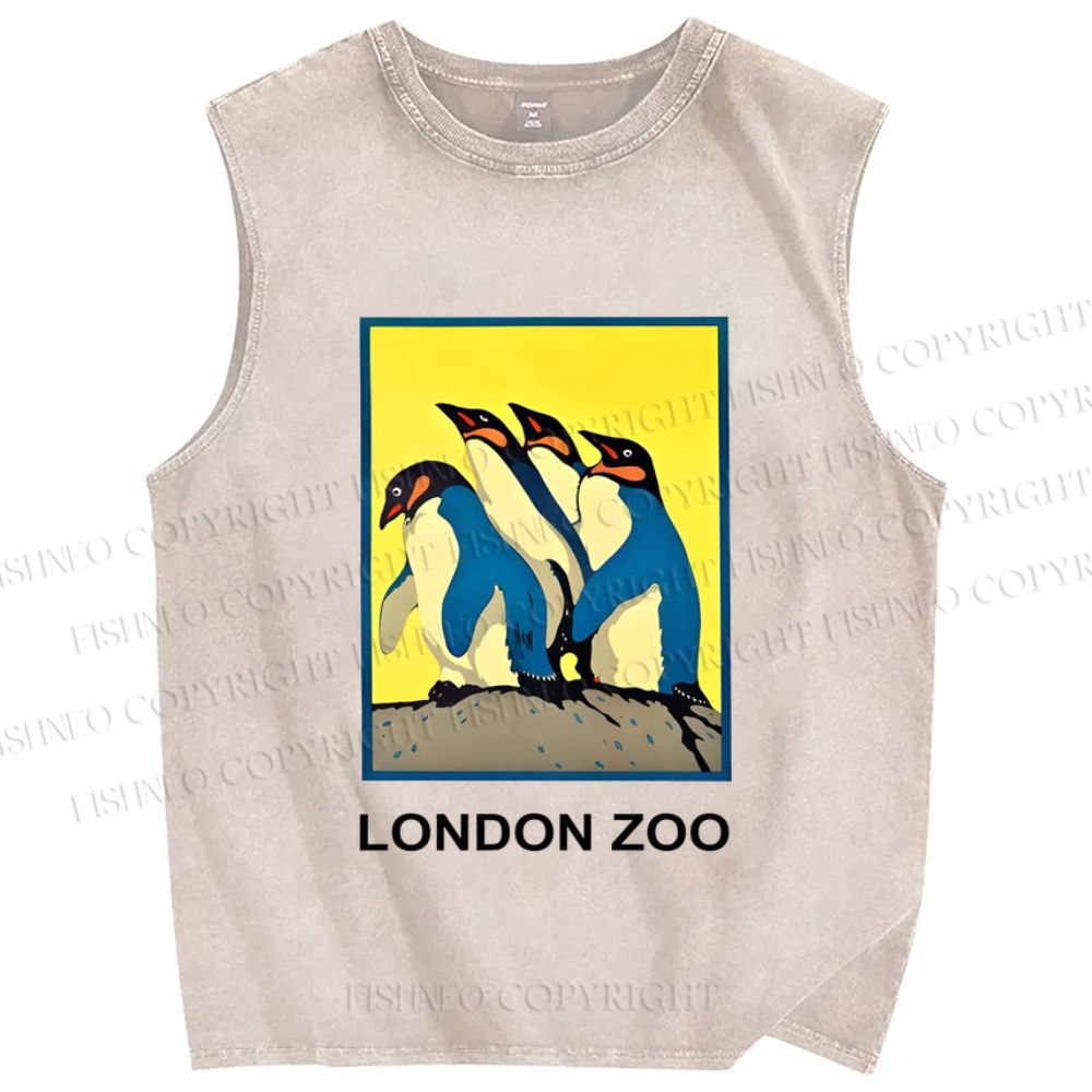 Unisex Vintage London Zoo Penguin Printed Washed Tank Top