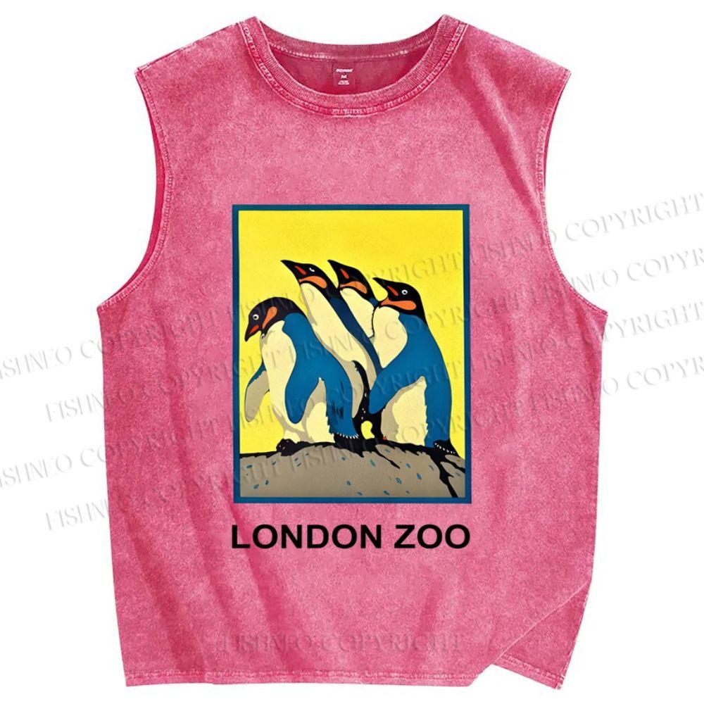 Unisex Vintage London Zoo Penguin Printed Washed Tank Top