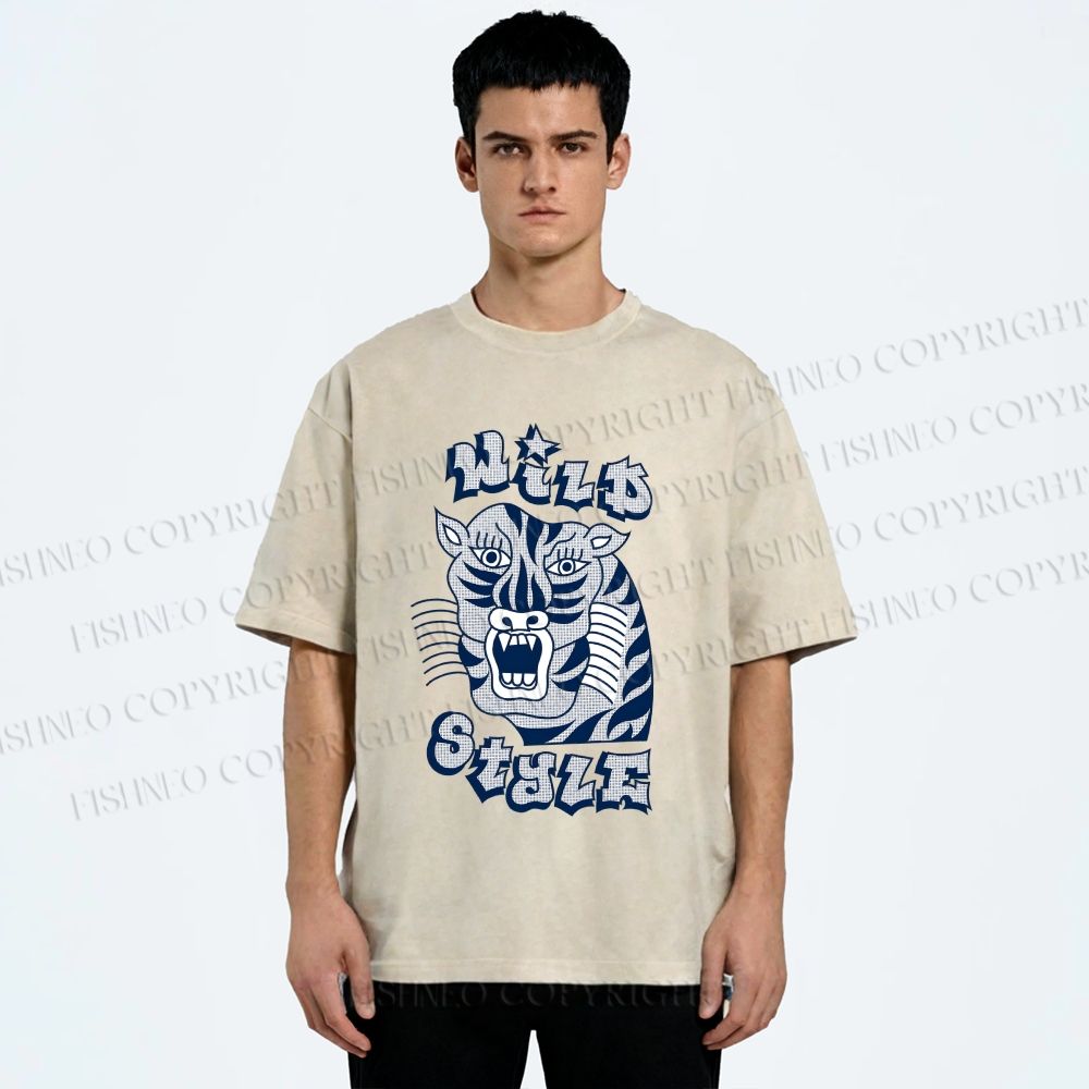Unisex Wild Style Tiger Printed Washed Tee