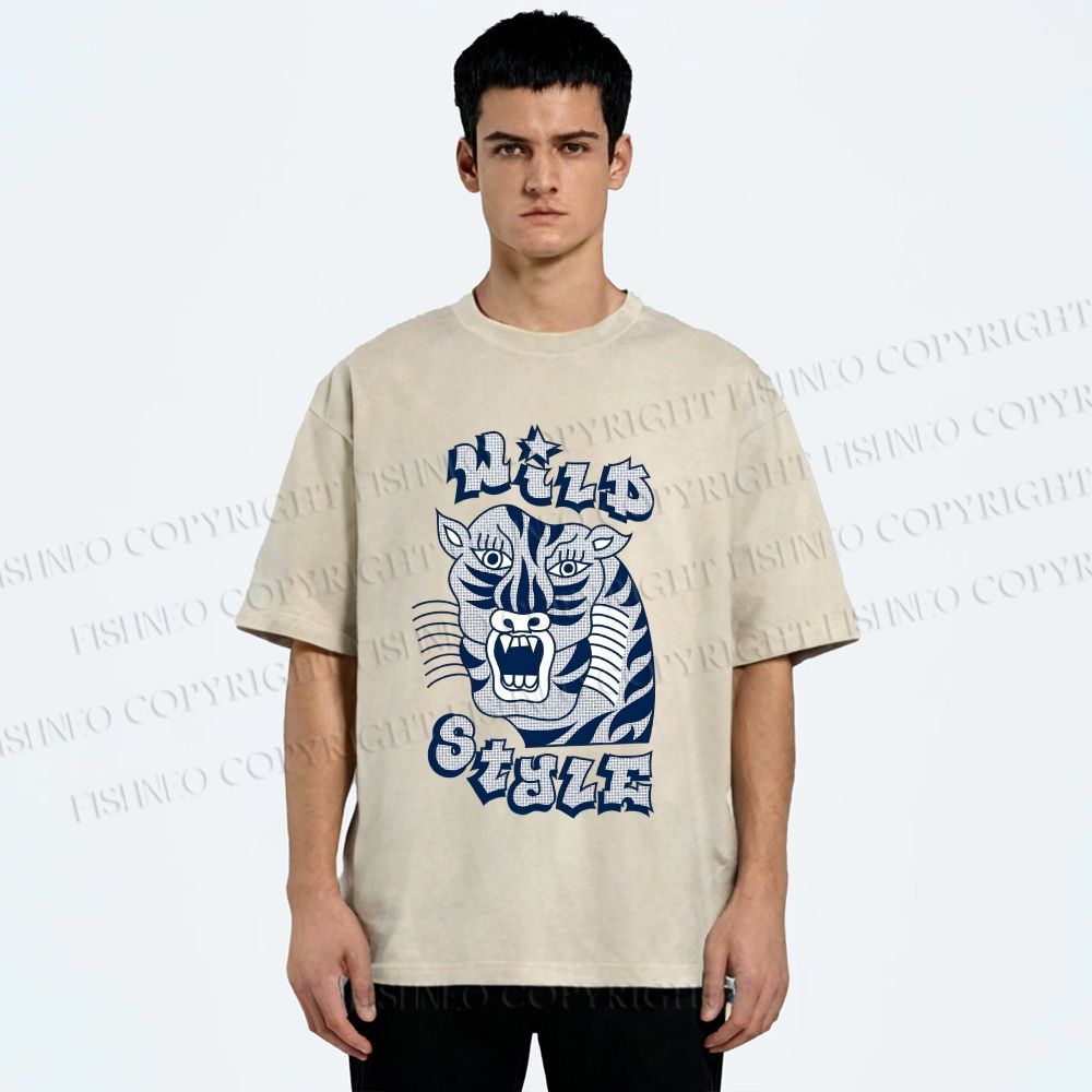 Unisex Wild Style Tiger Printed Washed Tee