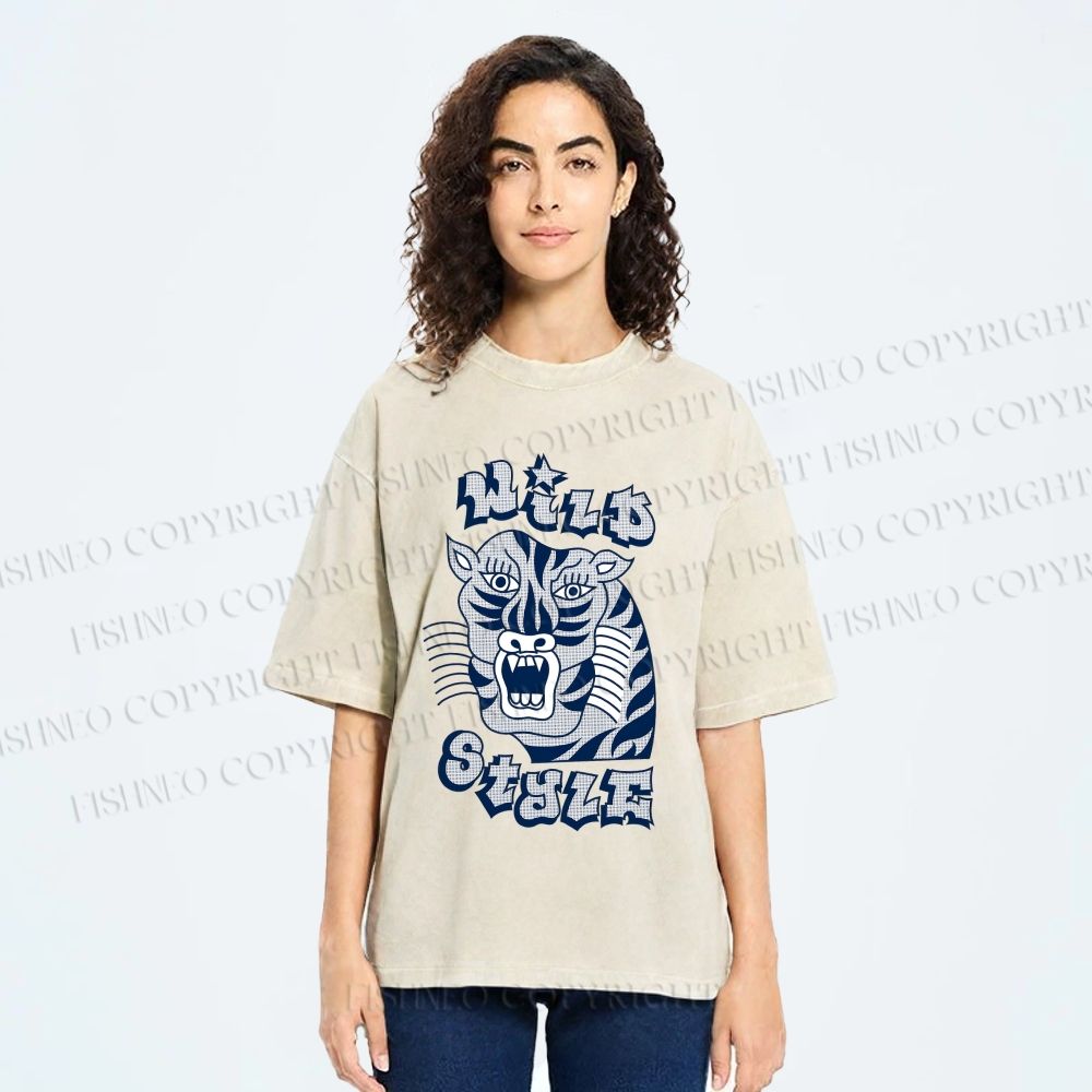 Unisex Wild Style Tiger Printed Washed Tee