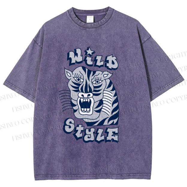 Unisex Wild Style Tiger Printed Washed Tee