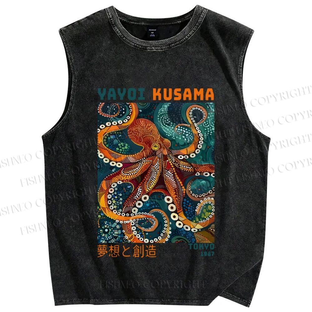 Unisex Yayoi Kusama Octopus Printed Washed Tank Top