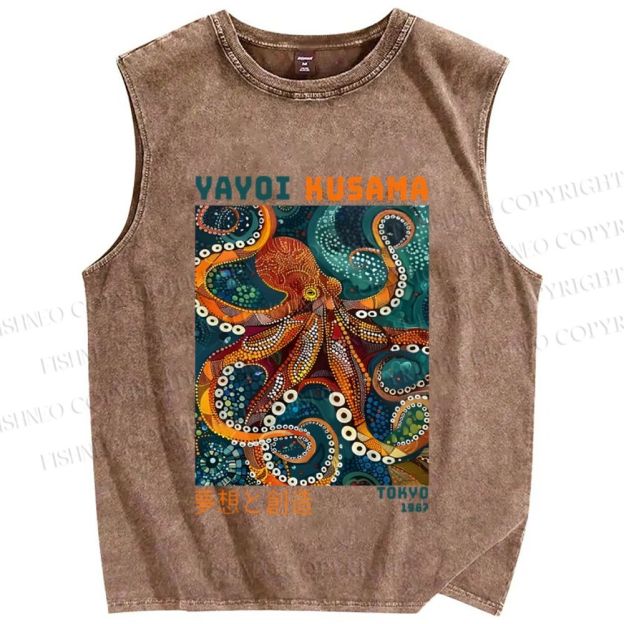 Unisex Yayoi Kusama Octopus Printed Washed Tank Top
