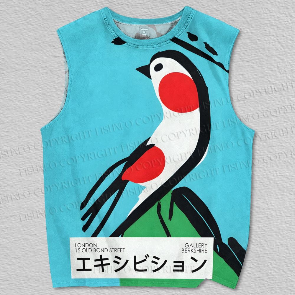 Unisex Japanese Art Exhibition Bird Printed Tank Top
