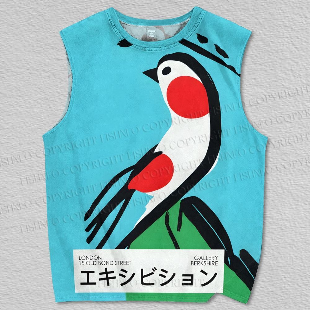 Unisex Japanese Art Exhibition Bird Printed Tank Top