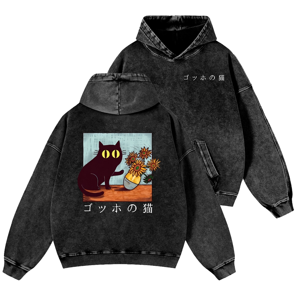 Cat Vintage Washed Cotton Back Art Hoodie