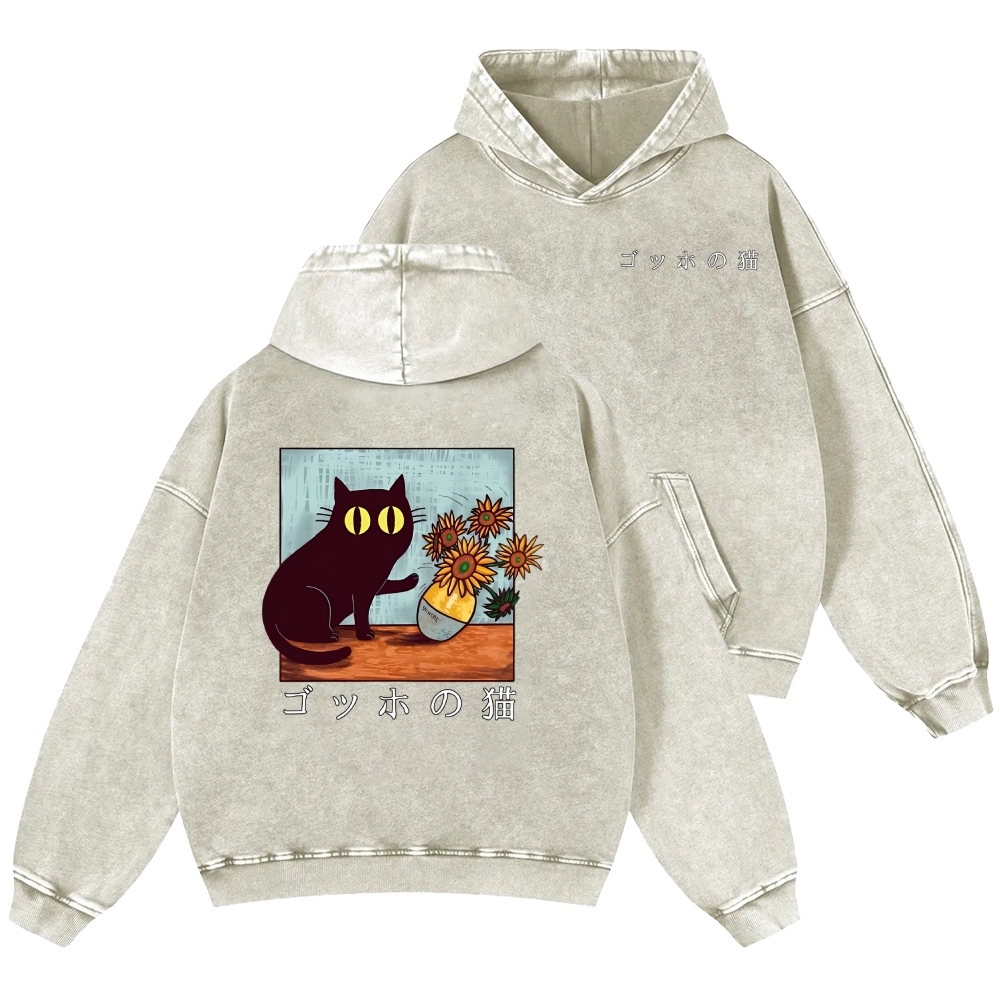 Cat Vintage Washed Cotton Back Art Hoodie