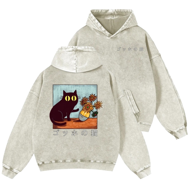 Cat Vintage Washed Cotton Back Art Hoodie