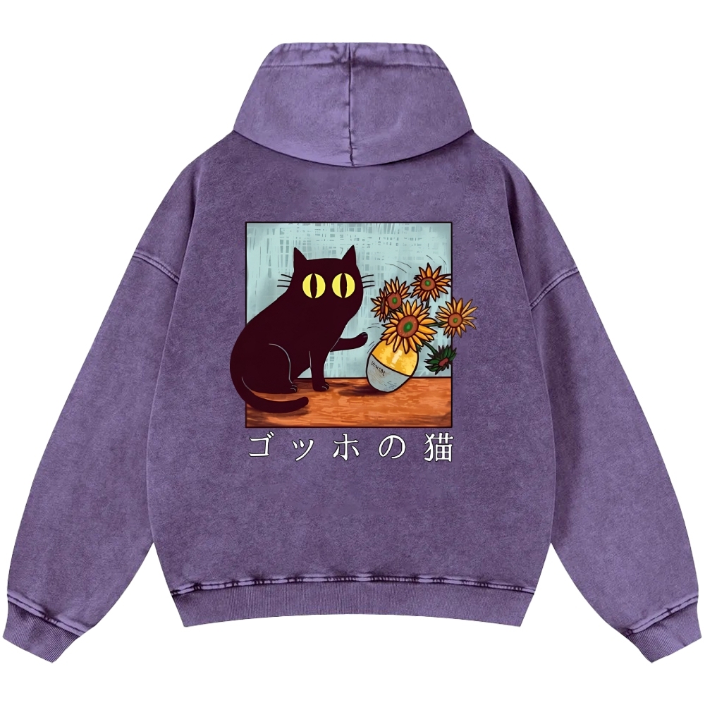 Cat Vintage Washed Cotton Back Art Hoodie