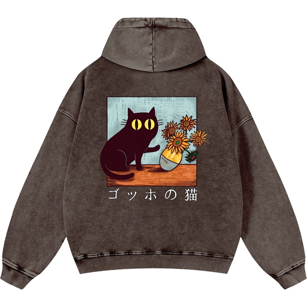 Cat Vintage Washed Cotton Back Art Hoodie